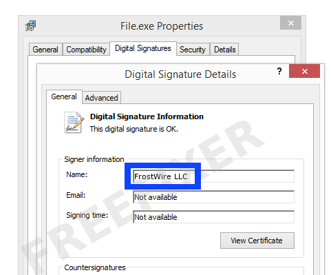 Screenshot of the FrostWire LLC certificate